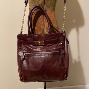 Badgley Mischa Adina Shine Leather Shoulder Bag Tote Burgundy Leather